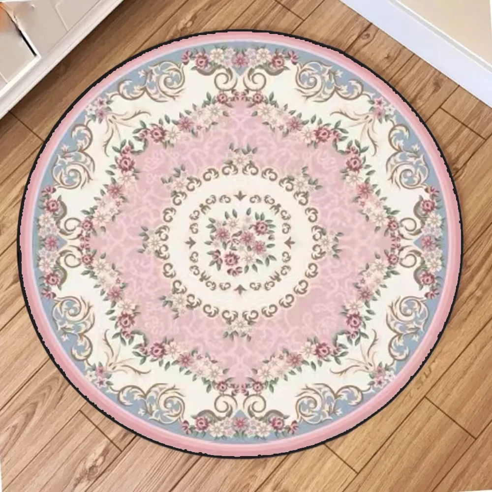 Eleganter runder Teppich mit floralen Vintage-Muster in Rosa und Blau, ideal für Wohnzimmer-Schlafzimmer-Dekoration, weiche, langlebige Bodenmatte