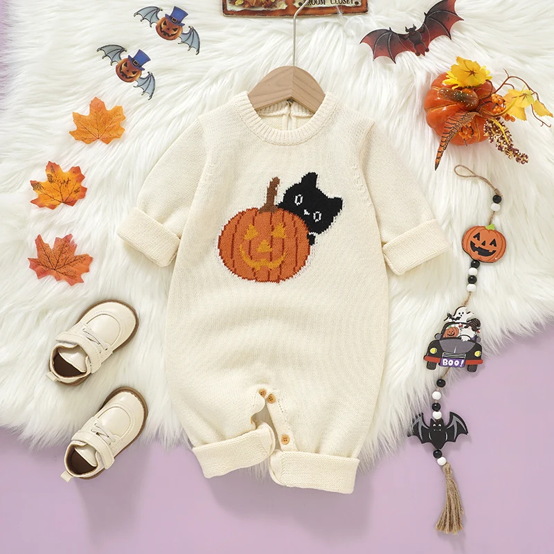 Niedlicher Kürbis-Strick-Halloween-Kleidung für Neugeborene, Rundhalsausschnitt, lange Ärmel, für Jungen und Mädchen, Langarm-Strampler, Overalls, 0–18 Monate Image