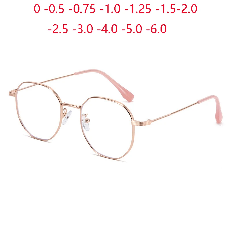 Metall Student Polygon Kurzsichtige Brille für Frauen Männer Roségold Rahmen Minus Sight Brillen Rezept 0-0,5 -0,75 bis -6,0 Image