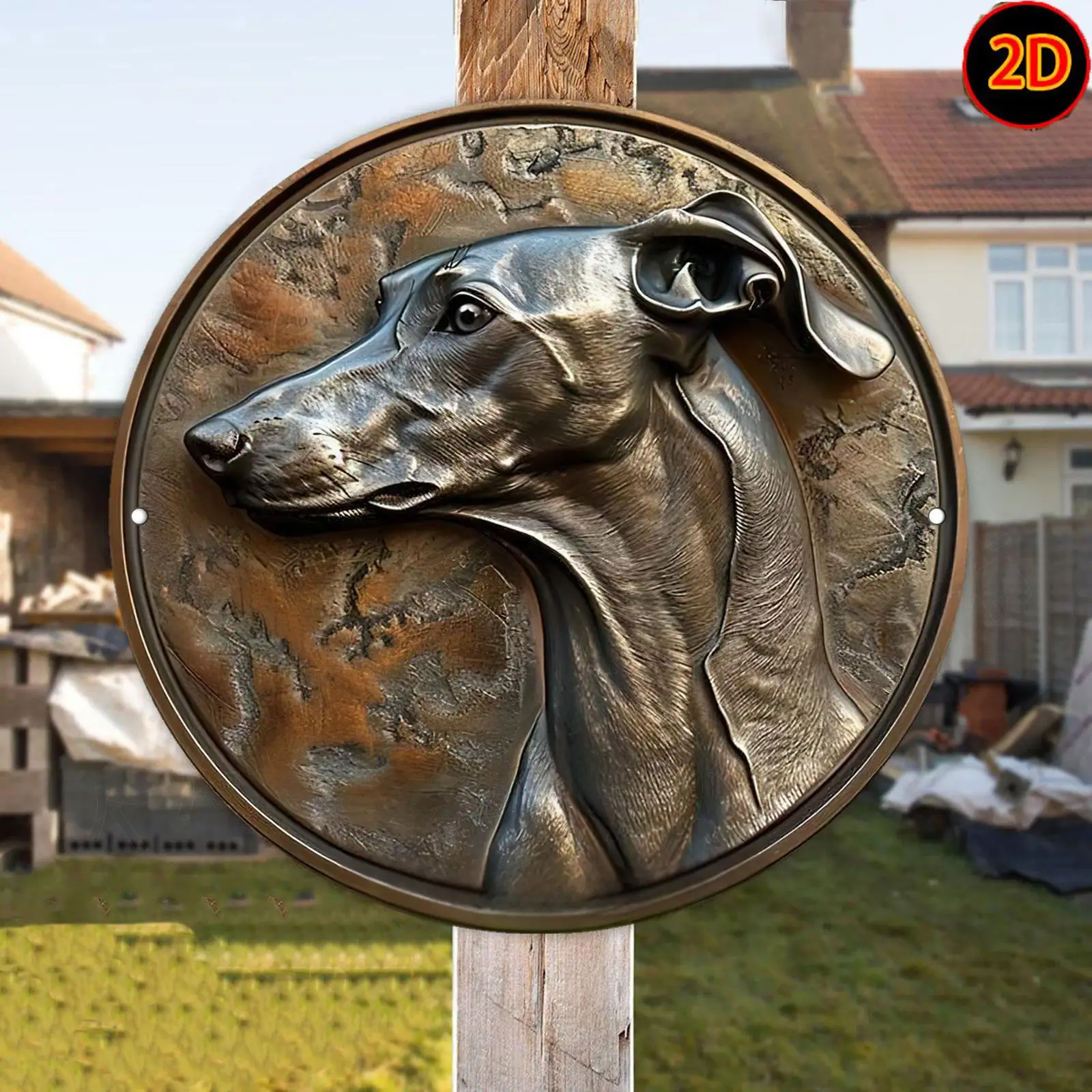 2D Flat – [2D Flat] Vintage Windhund-Metallwandkunst – 2D-Flachgedrucktes Aluminiumschild, 19,99 cm rund, rustikales Finish für Schlafzimmer, Image