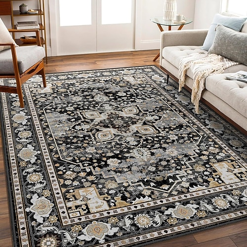 Teppiche für Wohnzimmer und Schlafzimmer große fleckenresistente waschbare weiche rutschfeste Vintage Blumen Oushak Teppich Boho Moody Bauernhaus Stil Sofa Bettseite Wohnkultur Schwarz Braun Image