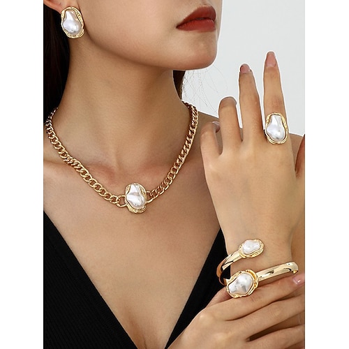 Damen-Schmuckset mit goldenen Perlen für Partys – dicke Halskette, Statement-Ohrringe, Armband und Ring, elegante Accessoires im Barockstil für den Abend formelle Veranstaltungen Image