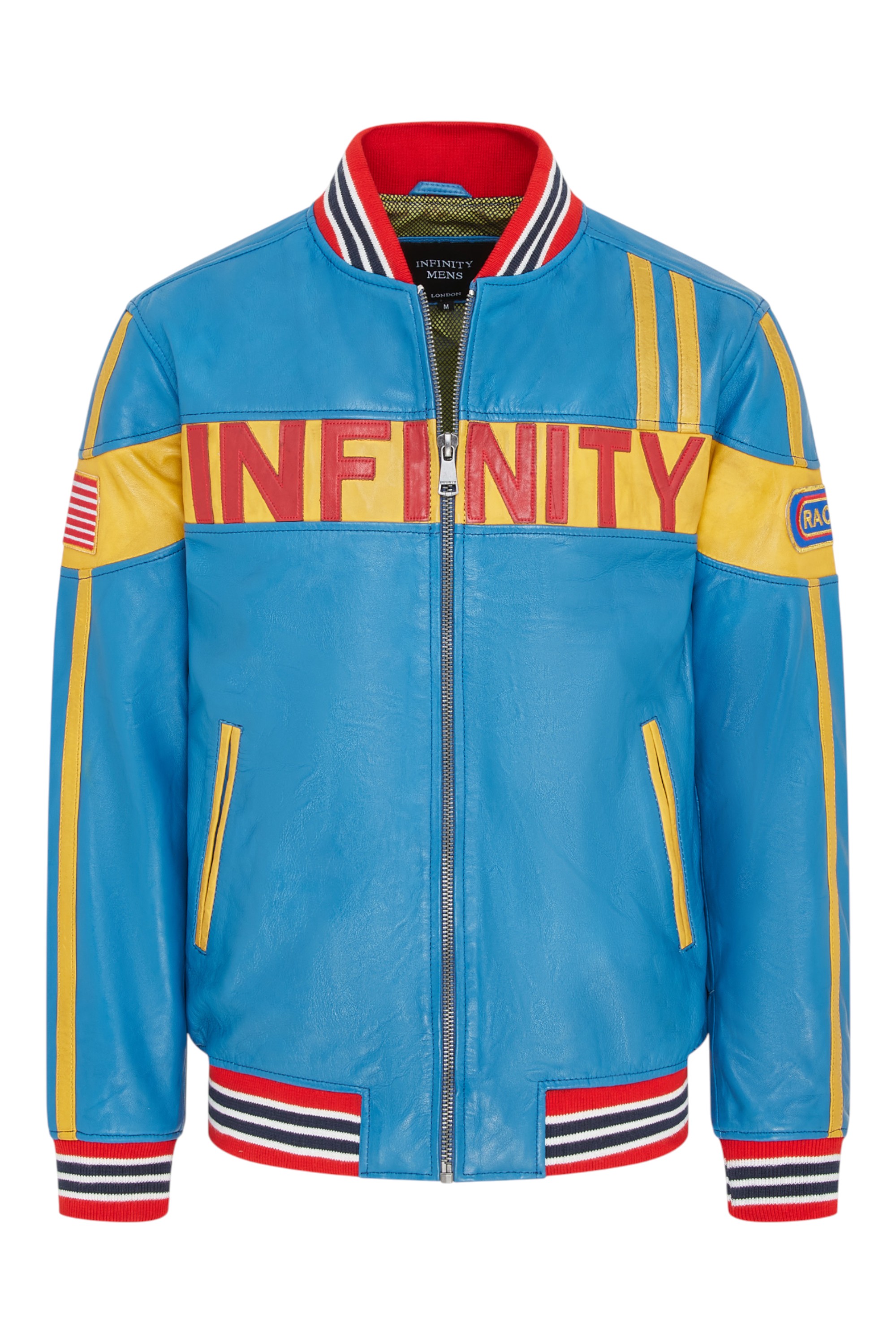 Infinity Leather Mens Blue Track Racing Moto Bomber Biker Jacket - Racer Lamb Leather - Size X-large