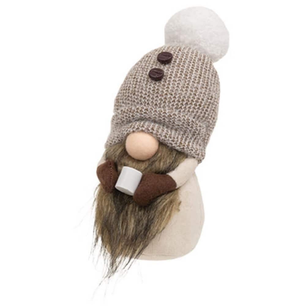 Standing Plush Coffee Gnome Decoration with Brown Beard and Beige Knit Hat for Home - 11