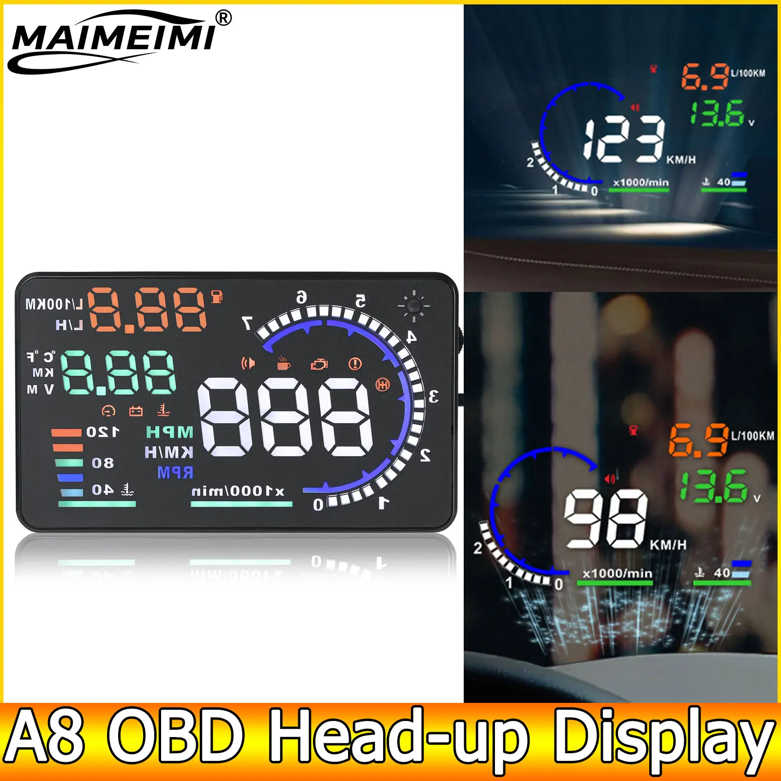 AD Digital Car OBD HUD A8 Head Up Display AUTO HUD OBD Riflette Parabrezza Schermo Proiettore LED Tachimetro Temperatura dell'acqua RPM Meter