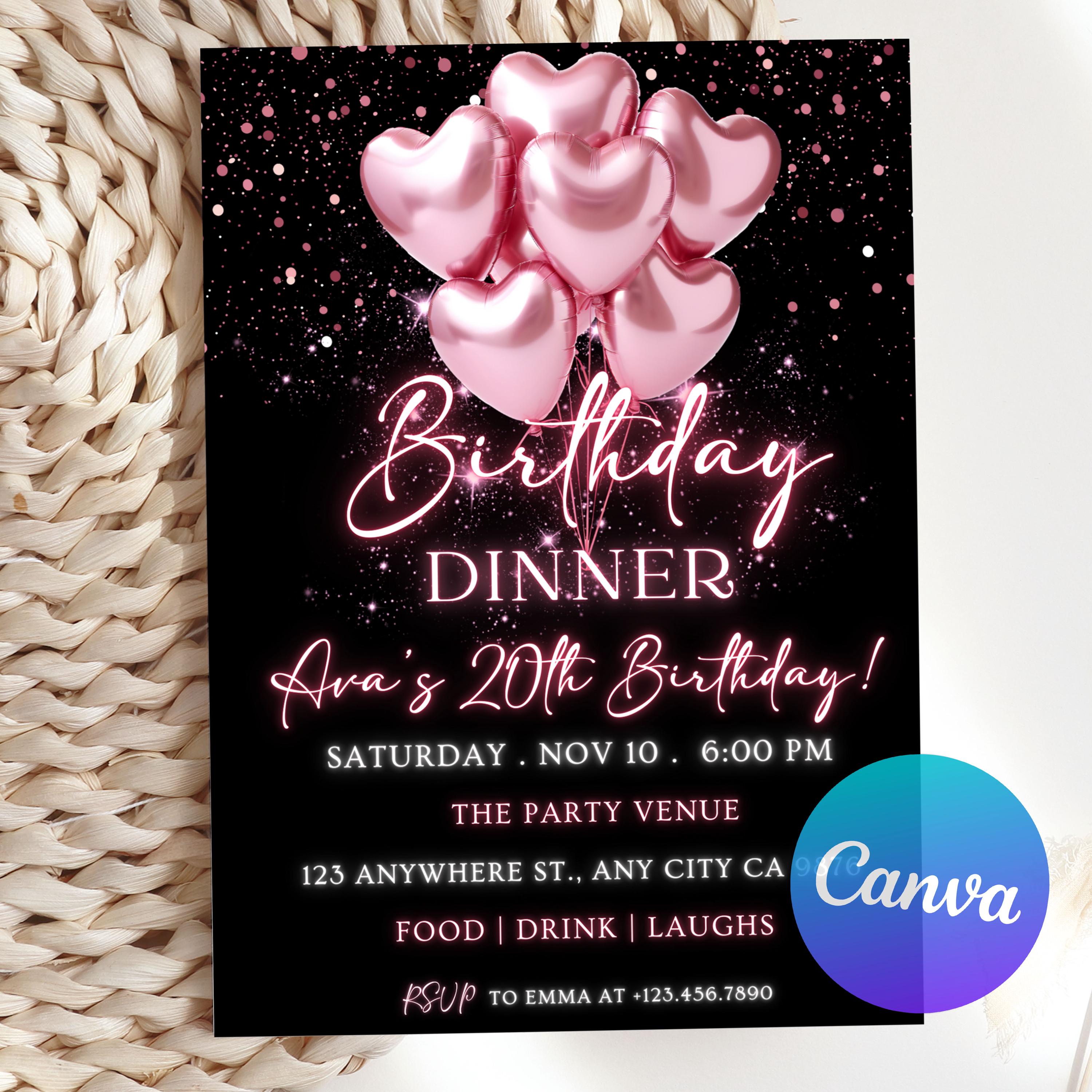 Invito modificabile per cena di compleanno rosa, invito per cena di compleanno, cena rosa, invito digitale per festa di compleanno, modello stampabile