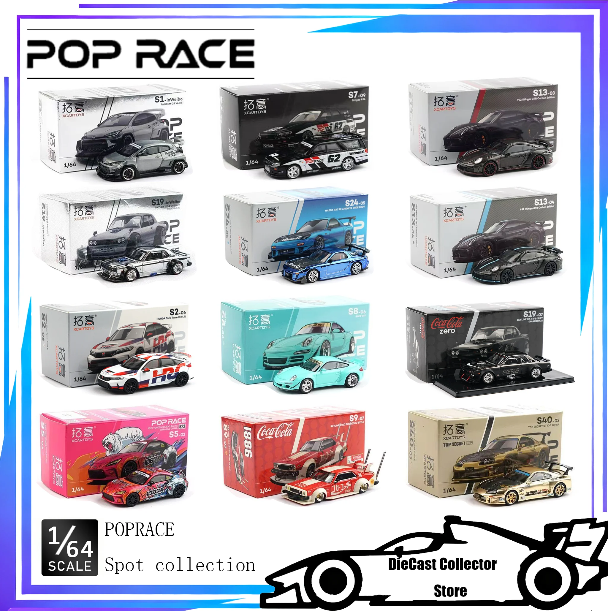 POP RACE 1/64 Porsche RWB Skyline GTR PANDEM DATSUN Mazda RX7 Toyota Diecast Auto Modell Sammlung Legierung Miniatur Autos Vitrine