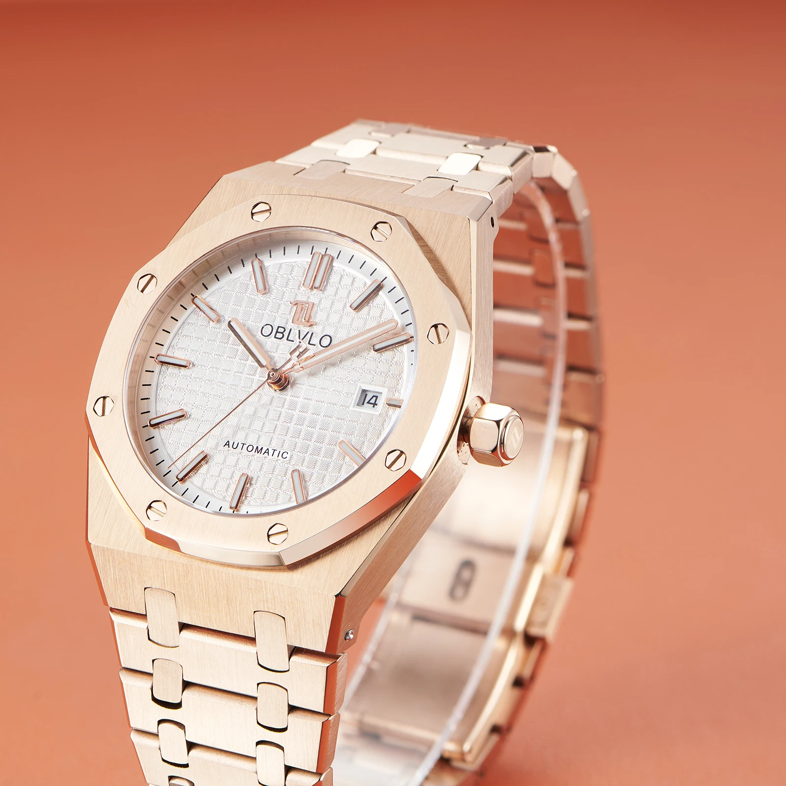 OBLVLO Luxuriöse Herren-Armbanduhr aus Roségold, 41 mm, automatisch, mechanisch, leuchtend, 50 m wasserdicht, lässig, Rejos TM-ASP Image