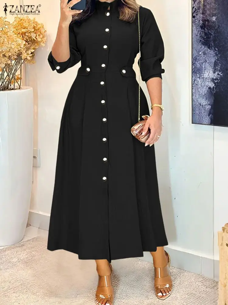 Elegante Midi-Kleider für Damen, Übergröße, lässig, Stehkragen, lange Ärmel, Knopfleiste, A-Linie, langes Kleid, ZANZEA Herbst-Frau-Kleidung, 5XL Image