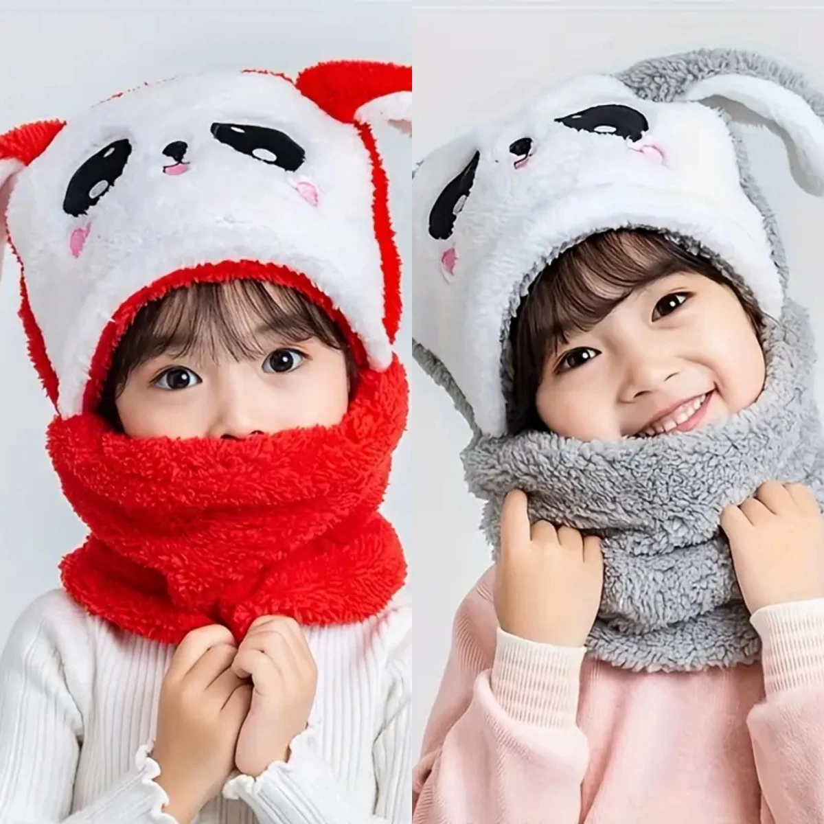 Winter Cartoon Kaninchen Korallen Samt Kappe Plüsch Balaclava Kinder Caps Doppel Fleece Baby Schal Hut Kinder Image