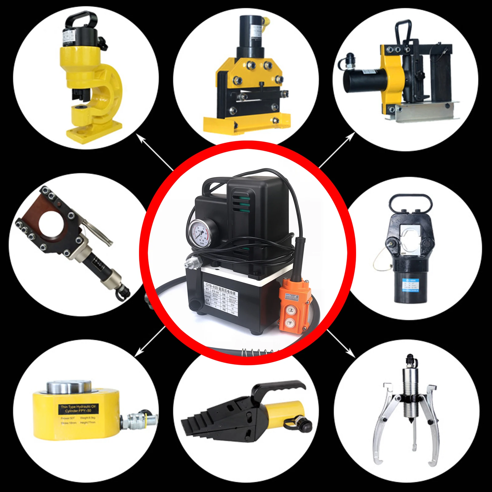 1200 W elektrische Hydraulikpumpe, tragbare 3 l Ölpumpe, 7–70 MPa Hochdruck, Einzelölkreis mit Fernbedienung, GYD-63D Image