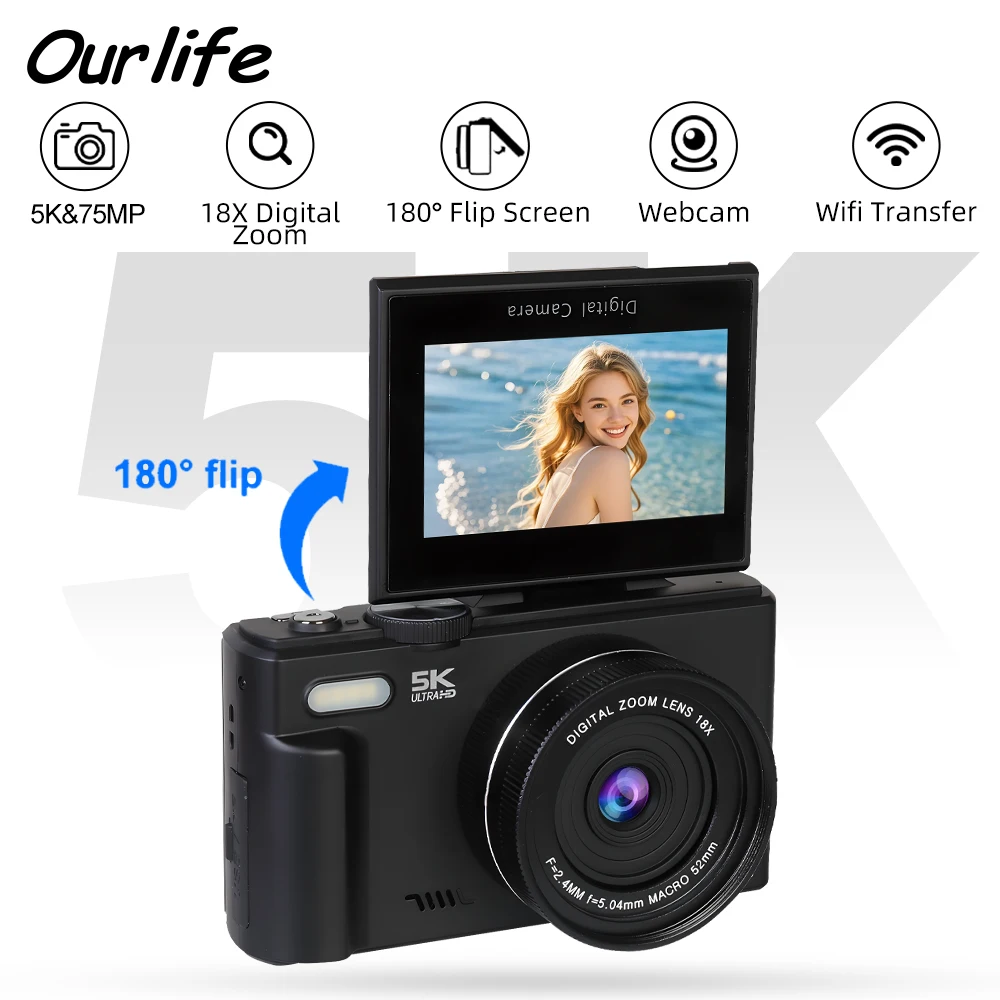 Kompakte digitale Fotokamera 5K 18X Digitalzoom Vintage Vlog Videorecorder YouTube 180 ° Flip Screen Selfile WiFi-Webcam Image