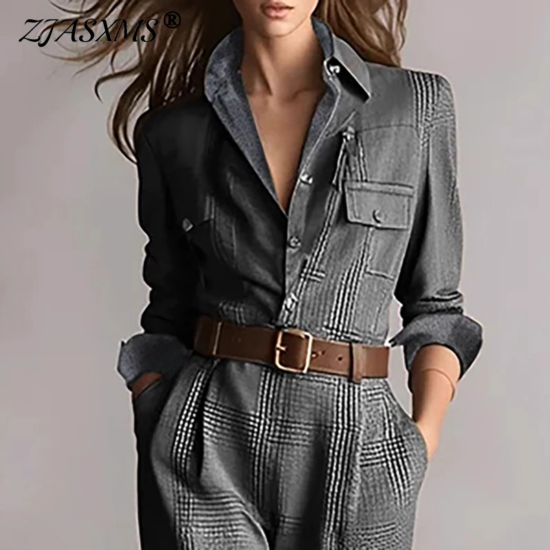 Vintage Plaid Print Hohe Taille Overalls Frau Elegantes Hemd Kragen Taste Schlank Bodysuit Herbst Langarm Tasche Strampler Overalls Image