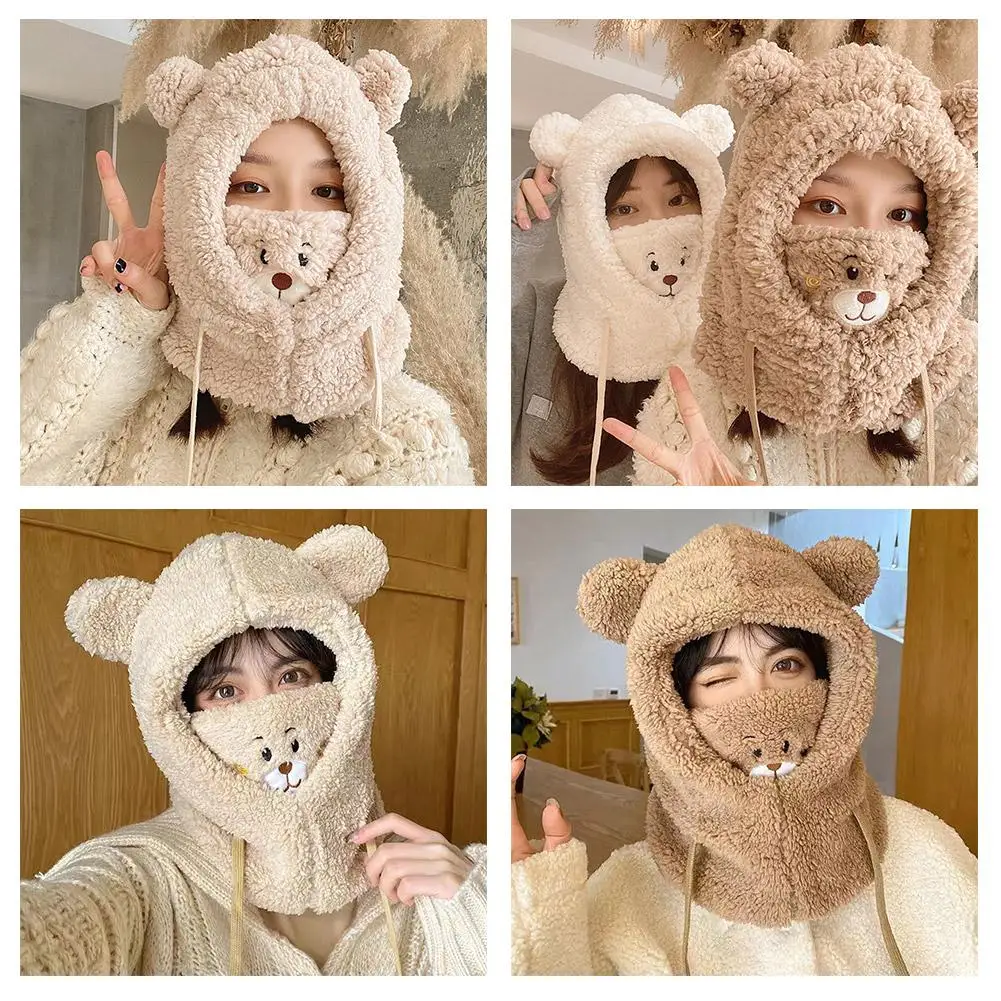 Winter Cartoon Hut mit Maske Bär Lamm Beanie Hüte warme verdickte Gehörschutz Mützen für Frauen Mädchen Schal Hut Image