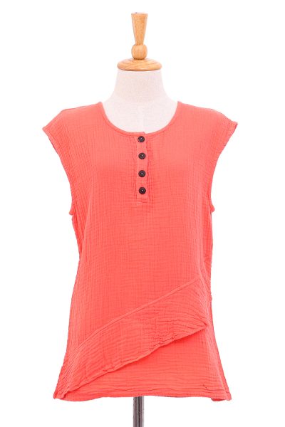 Fresh Air in Coral,'Cotton Sleeveless Blouse from Thailand'