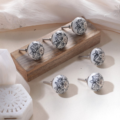 'Black and White Floral 6-Piece Ceramic Knob Set from India'