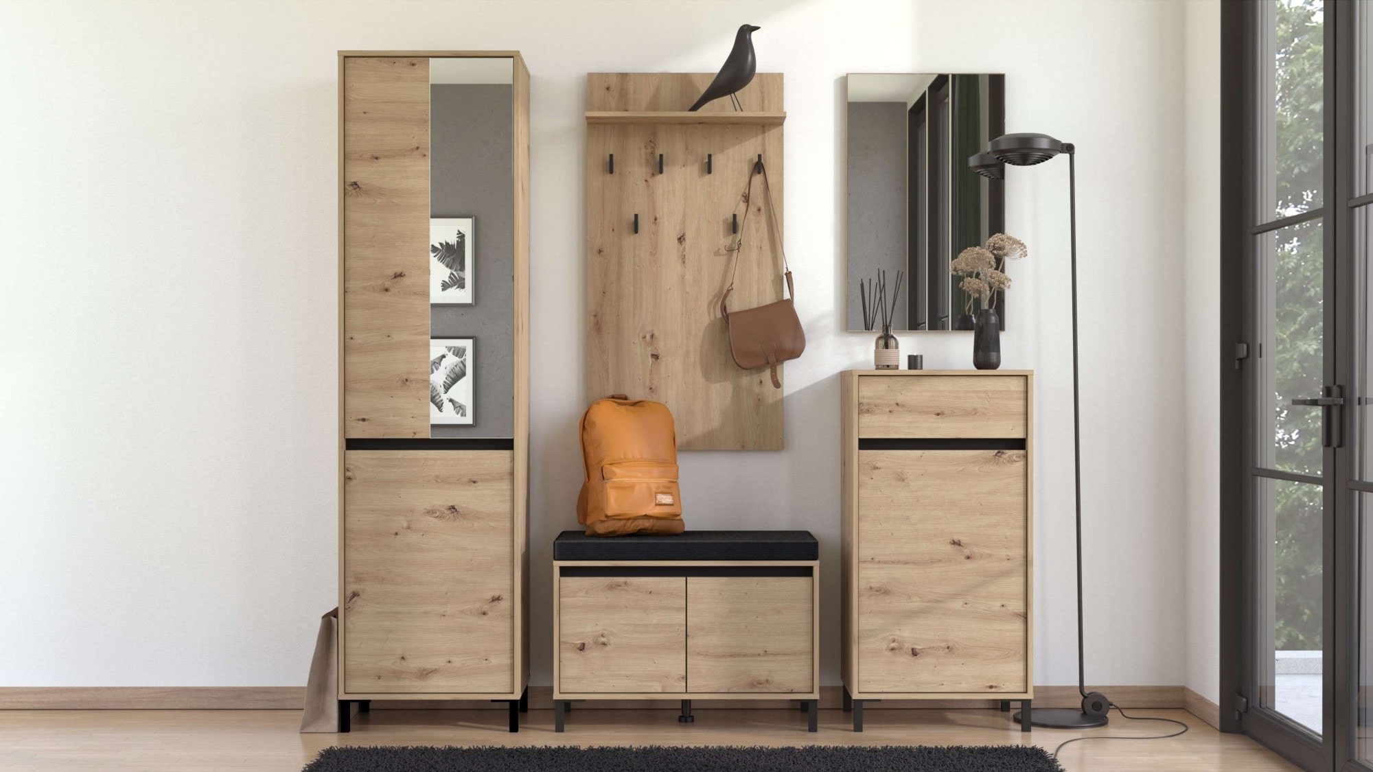 Garderoben-Set HOME AFFAIRE "Arran Flurmöbel, Dielenmöbel, Flurschrank, Flurgarderobe Breite 189 cm", artisan eiche, B:189cm H:205,5cm T:40cm, Glas, Kunststoff, MDF, Metall, Spanplatte, Kastenmöbel-Sets, inkl. 2 Schränke, Sitzbank mit Kissen,...