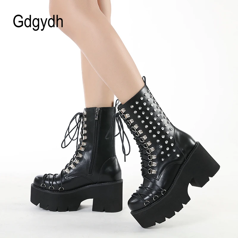 Gdgydh Handgemachte Frauen Motorrad Punk Stiefel Lolita Stiefel Frau High Top Stiefel Plattform Mode Nieten Goth Dunkle Schuhe Schnüren