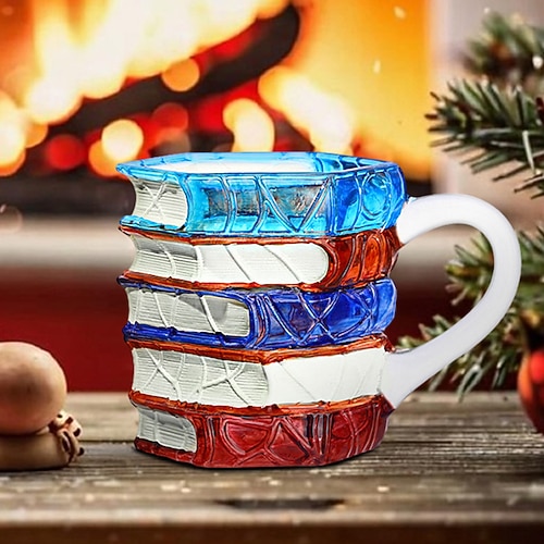 Mug livre peint, mug cadeau de Noël original avec livres peints en 3D, tasse à café unique en verre coloré avec piles de livres, cadeau de collection pour lecteurs, bibliothécaires et amoureux de la littérature