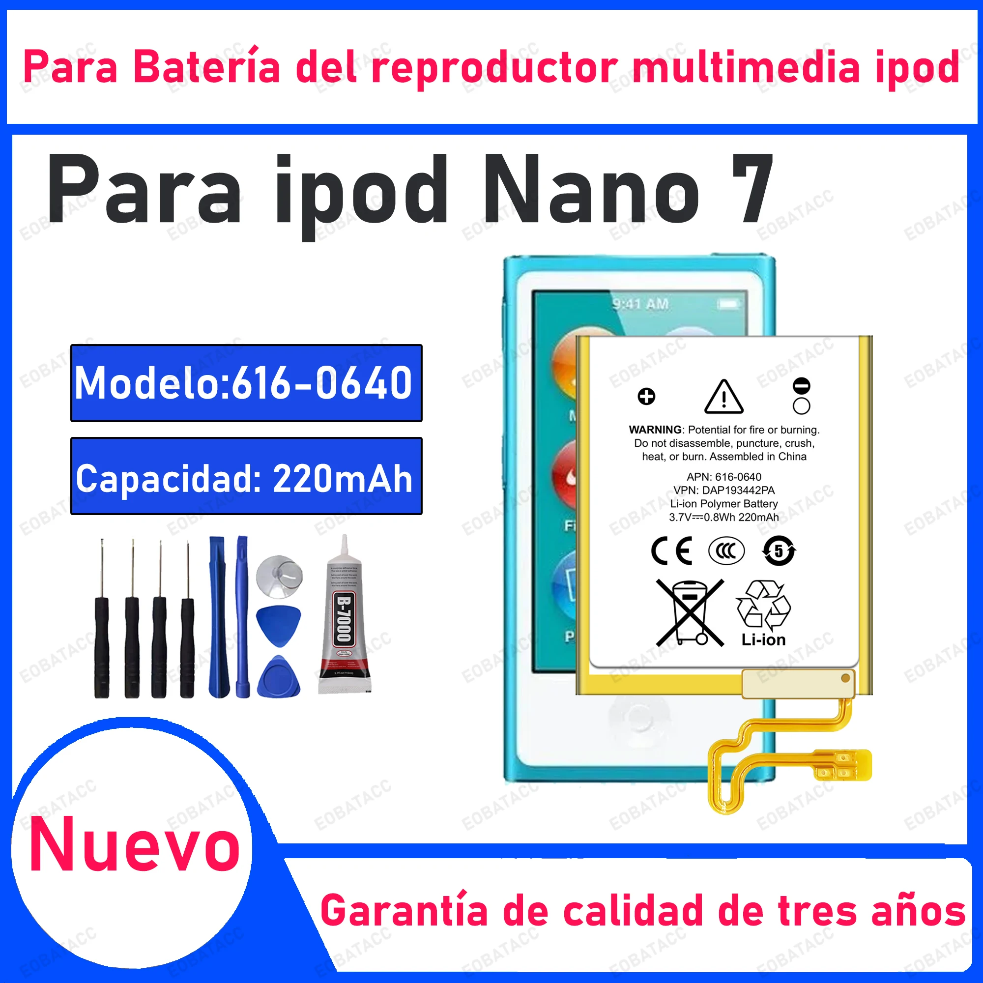 100 % neuer Ersatzakku mit hoher Kapazität 616-0640 für iPod Nano 7 7. Generation-Akkus A1446 MP3 MP4-Akku MB903LL/A 616-0639 Image