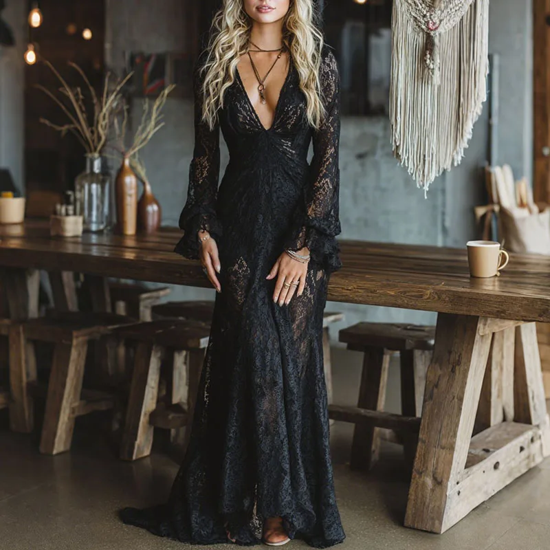 Sexy V-ausschnitt Hohe Taille Spitze Stickerei Kleid Frau Chic Aushöhlen Jacquard Langes Kleid Herbst Flare Hülse Häkeln Party Kleider Image