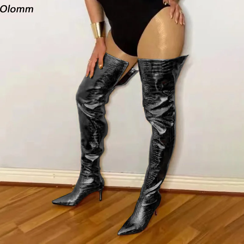 Olomm Handgefertigte Damen-Oberschenkelhohe Stiefel mit schmalem Absatz, spitze Zehen, super sexy Gold, Schwarz, Silber, Nachtclub-Schuhe, US-Größe 5–15