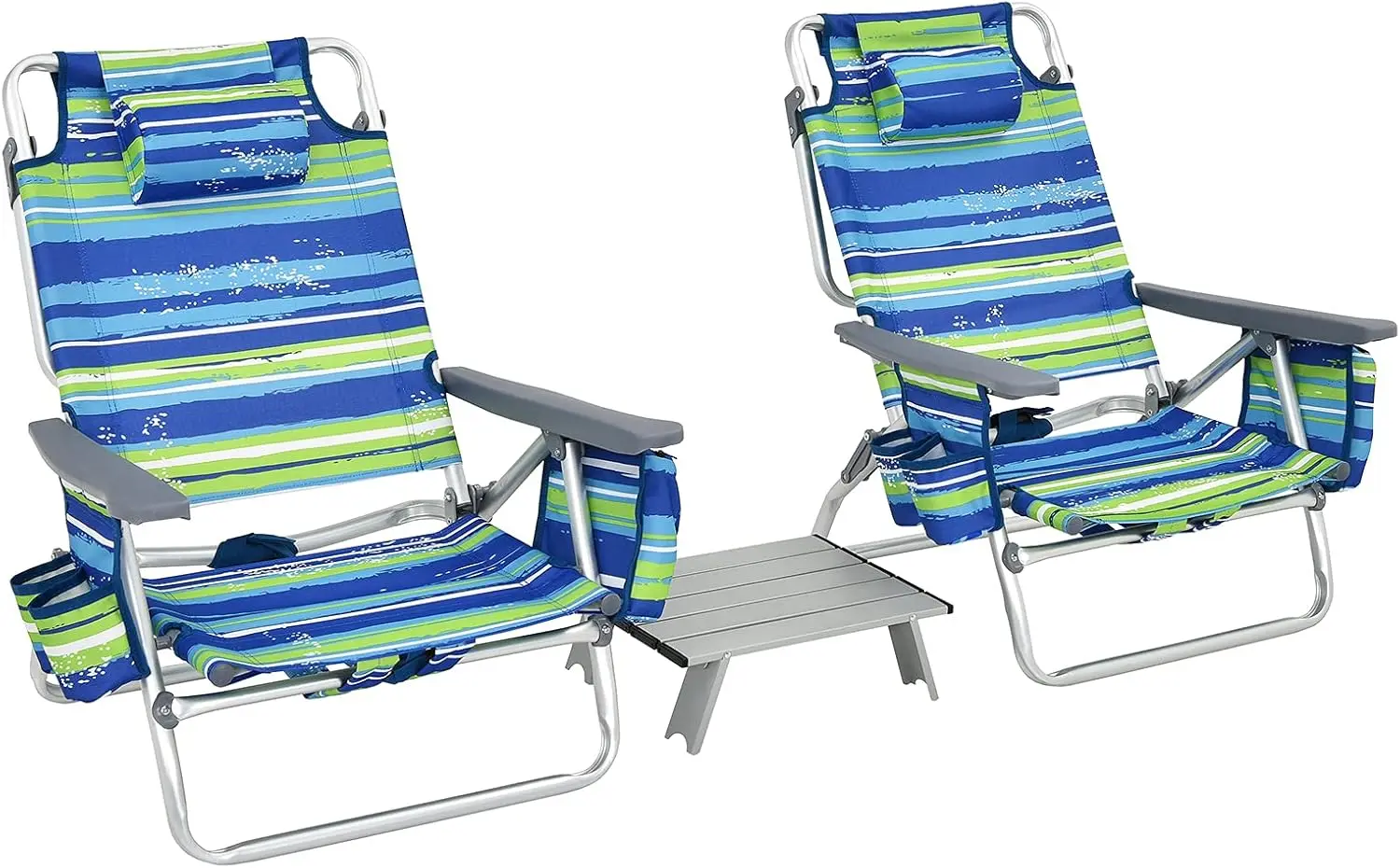 Strandstühle und Tischset, klappbare Campingstühle mit verstellbarer Rückenlehne, Kopfstütze, Seitentaschen, Eisbeutel, Armlehne