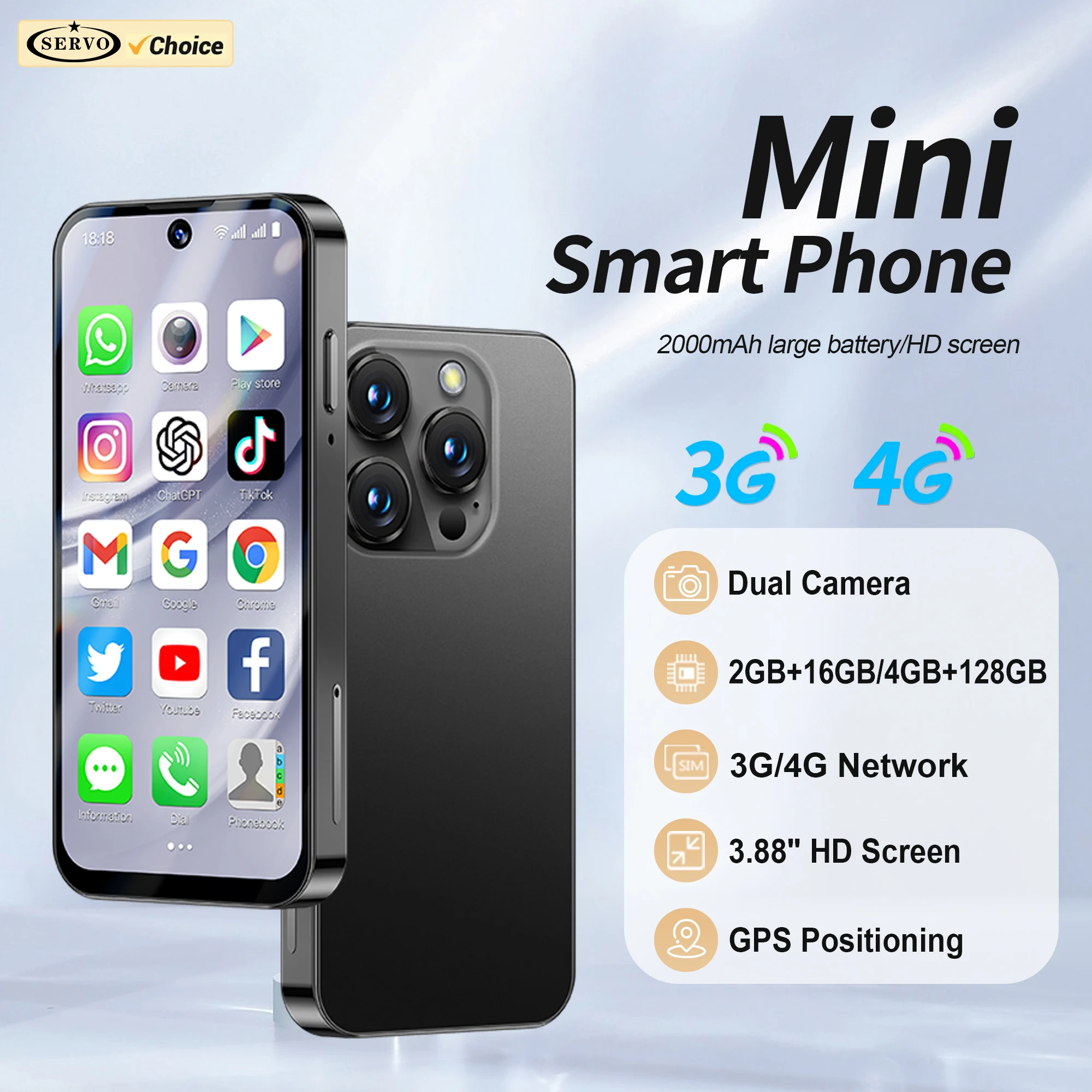 SERVO Mini Smartphone Android 10/12 System Dual SIM Standby 2GB+16GB/4GB+128GB Play Store 3G/4G 3,88