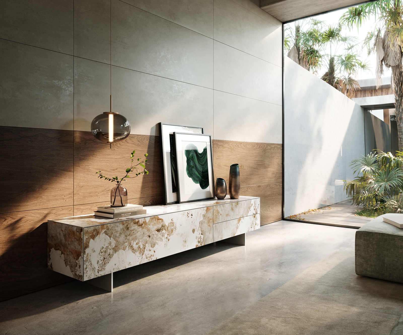 DELIFE Lowboard Cuor 220 cm Keramik Minas Melange Weiß-Beige 1 Klappe 2 Schubfächer Fuß Schwebeoptik Edelstahl, Lowboards Image