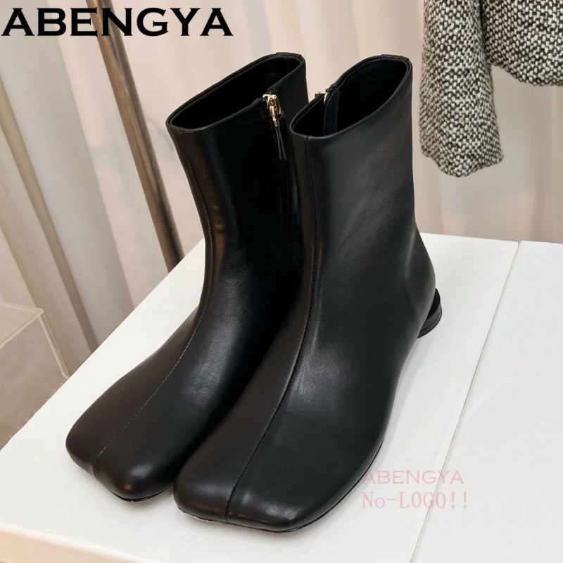 Neue Schwarz Leder Runde Ferse Stiefeletten Für Frauen Niedrigen Ferse Casual Schuhe Frauen Herbst Karree Kurze Stiefel Frau Botas Mujer Image