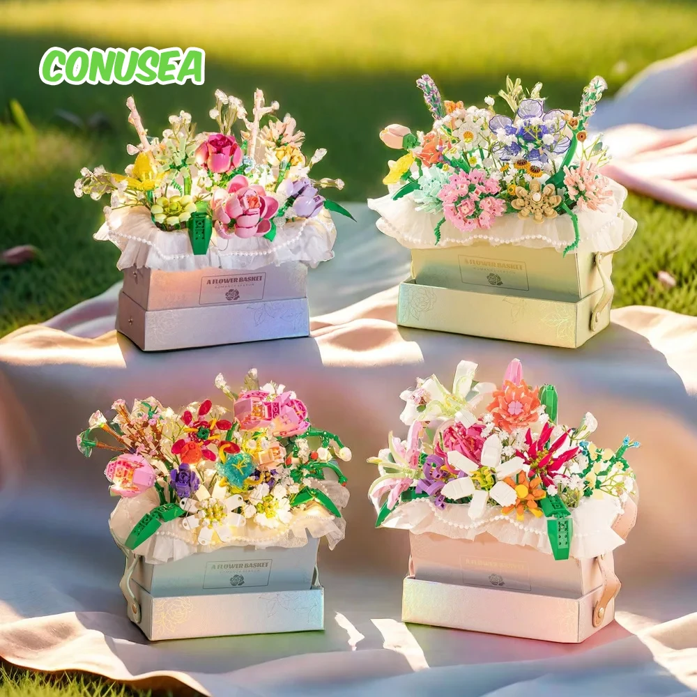 Led Bausteine Blumenkorb Mikrosteine Ewige Blumen mit Box Montage Spielzeug Raumdekoration Geburtstagsgeschenke für Mädchen Image
