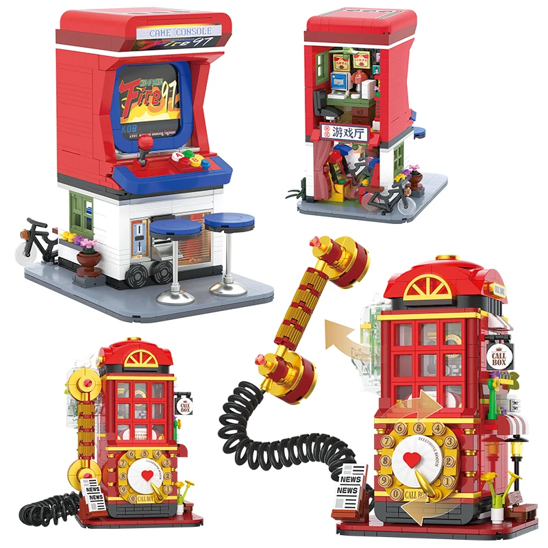 Kreative Retro Telefonzelle Spielkonsole Bausteine Stadt Vintage Kamera Kaffeemaschine Mini Ziegel Dekoration Spielzeug Geschenk Image