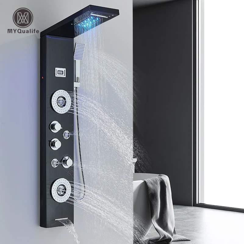 LED Dusche Panel Wasserfall Regen Dusche Wasserhahn Set SPA Massage Jet Bad Dusche Spalte Temperatur Display Mischbatterie Turm