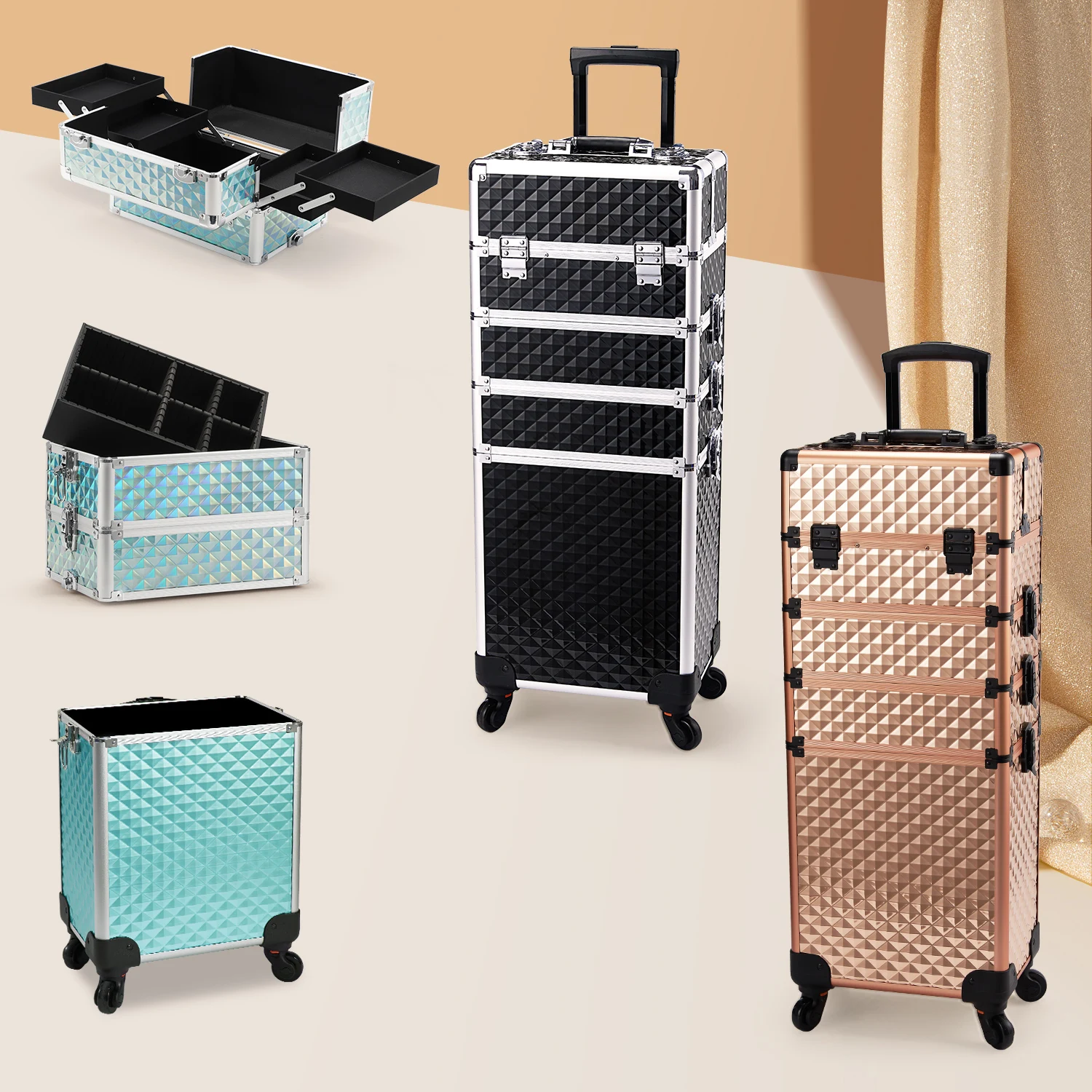 Trolley per trucco con rotelle Trolley per cosmetici Custodia da viaggio per trucco di grande capacità 4 in 1 con ruote chiave Custodia da barbiere da viaggio