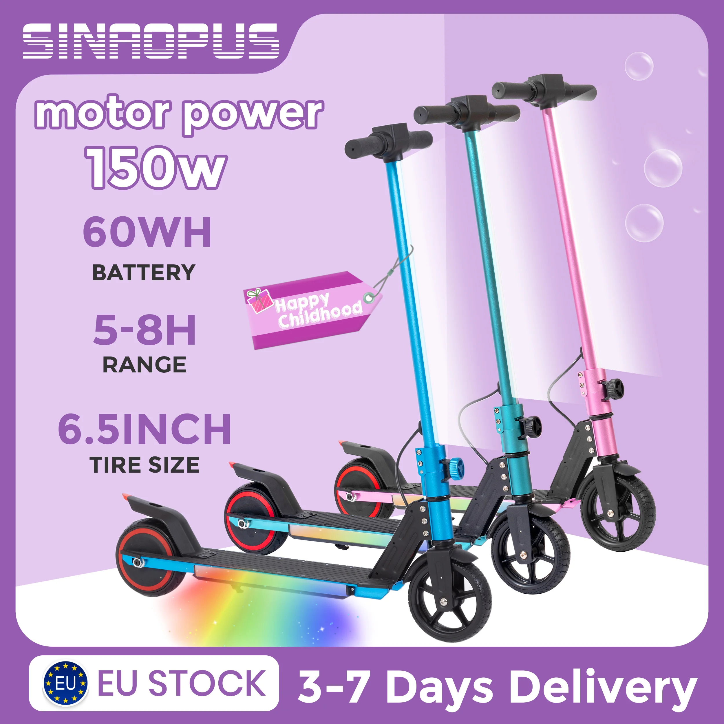 Sinaopus scooter électrique pliable 150w moteur enfants e-scooter âgé de 6 +, voiture électrique pour enfants pour garçons filles 12 km/h vitesse maximale