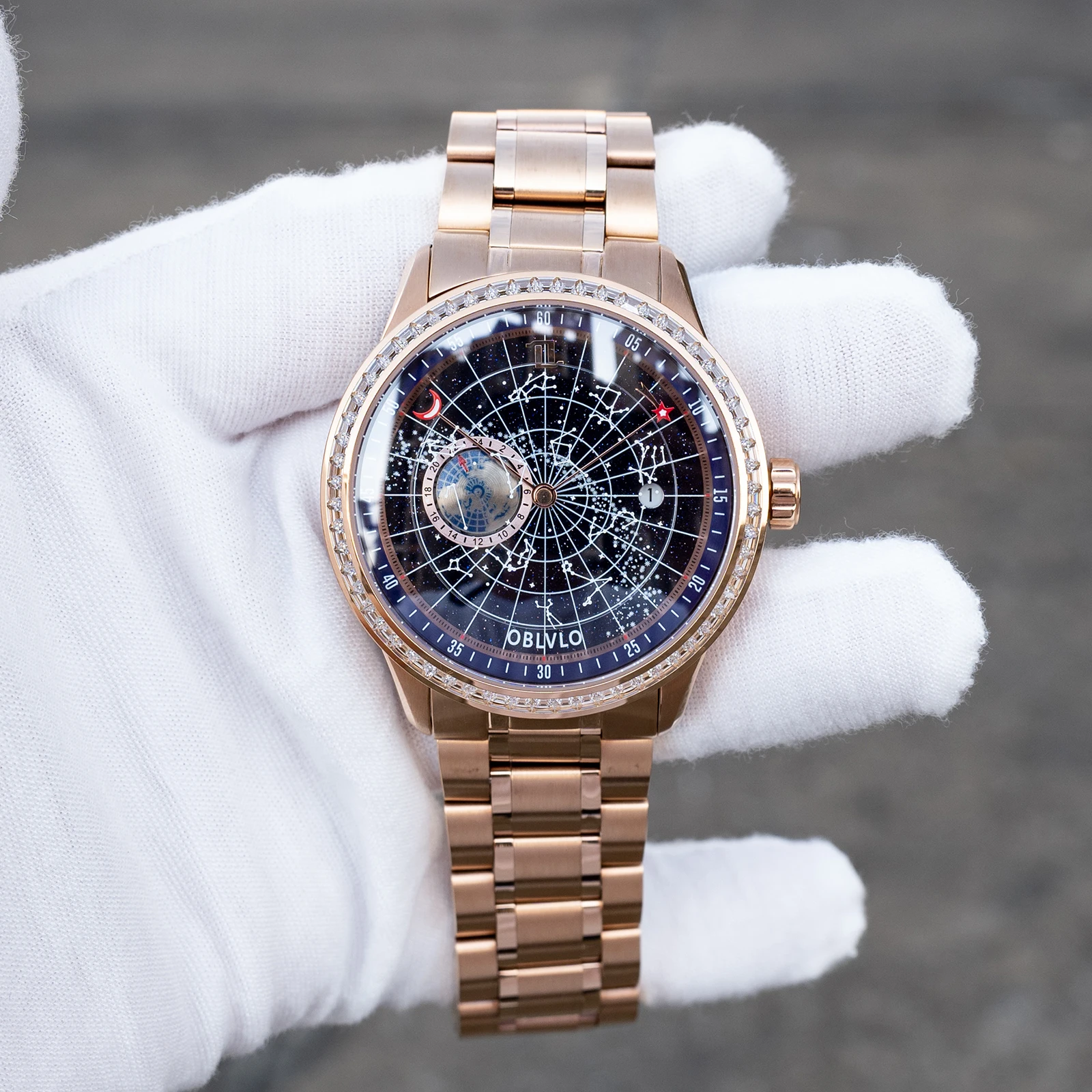 OBLVLO Herren-Armbanduhr, elegant, Roségold, Earth Star, mechanisch, mit Diamanten, Lünette, blaues Zifferblatt, automatisches Armband, Band, Zeitmesser GC-D Image