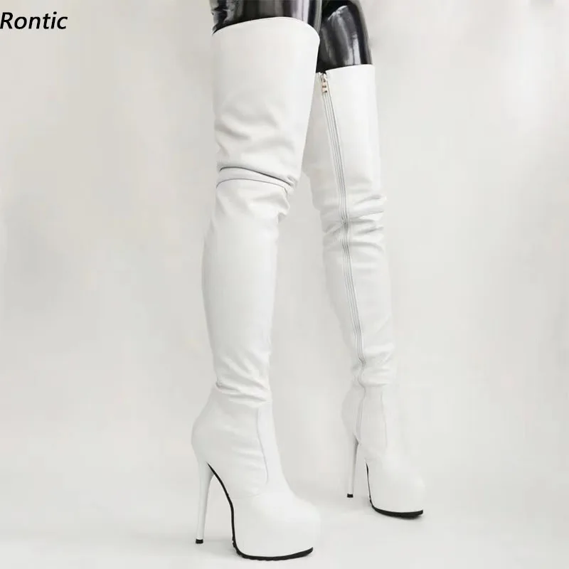 Rontic Neue Damen Winterstiefel im Schritt, Kunstleder, seitlicher Reißverschluss, Stiletto-Absätze, runde Zehen, hübsche weiße Club-Schuhe, US-Größe 5–20