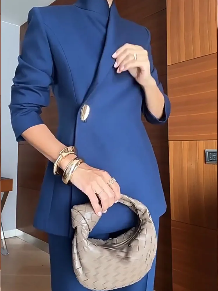 Moda donna chic bottone in vita set da 2 pezzi elegante blazer con scollo a V cappotto e pantaloni lunghi abiti casual manica lunga solido abito da pendolarismo