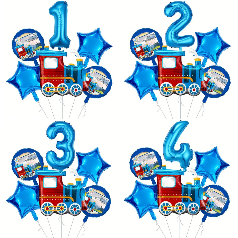 6 stücke Retro zug Ballon Set Blau Digital 0-9 Folie Ballon Cartoon Zug Ballon Geburtstag Party Dekoration Lieferungen Baby dusche Image