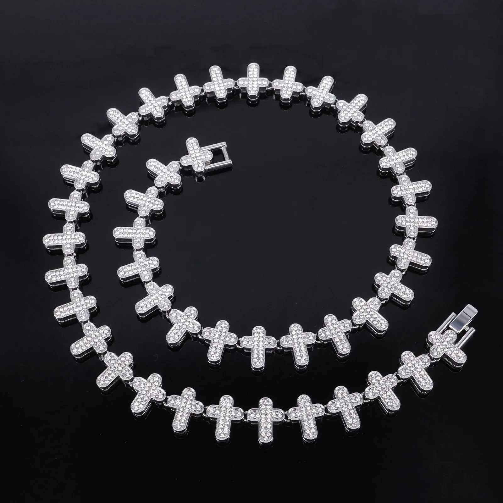 Klassische Hip-Hop-Strass-Kreuz-Tenniskette, 20 cm Armband und 50 cm Halskette, Unisex, modischer Rock-Schmuck