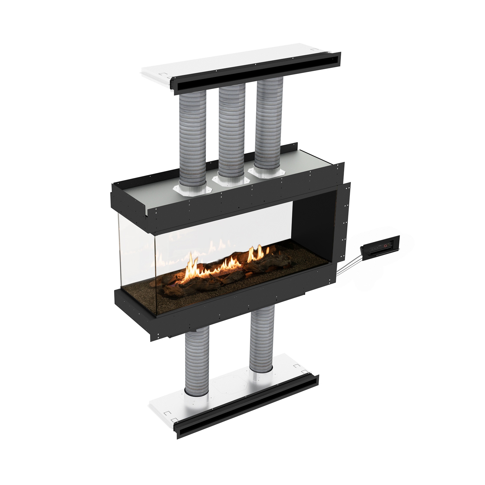 Planika Panorama [Ethanol Einbau Gehäuse mit Automatikbrenner und Verglasung]: Raumtrenner - Dreiseitig - mit weißen Kieselsteinen - ohne Smart Home Integration