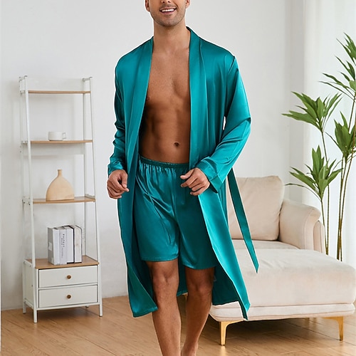 Herren Schlafanzug Seidenrobe Nachtwäsche Schlafanzug Set Einfach Mode Stilvoll Klassisch Heim Täglich Bett Polyester Komfort Weich V Ausschnitt Langarm Frühling Herbst Champagner Wein Image