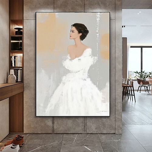 Handgemaltes, großes abstraktes Ölgemälde auf Leinwand: Tänzerin in Weiß, handgemaltes Kunstwerk mit beiger Textur, elegantes Mädchen im weißen Kleid, Wandkunstbild Image