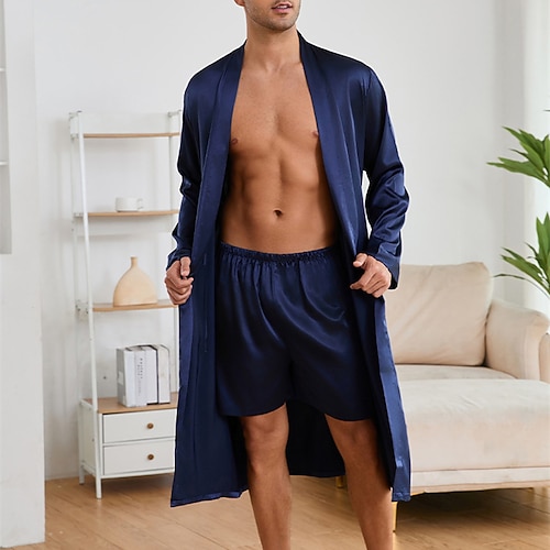 Herren Schlafanzug Seidenrobe Nachtwäsche Schlafanzug Set Einfach Mode Stilvoll Klassisch Heim Täglich Bett Polyester Komfort Weich V Ausschnitt Langarm Frühling Herbst Champagner Wein Image