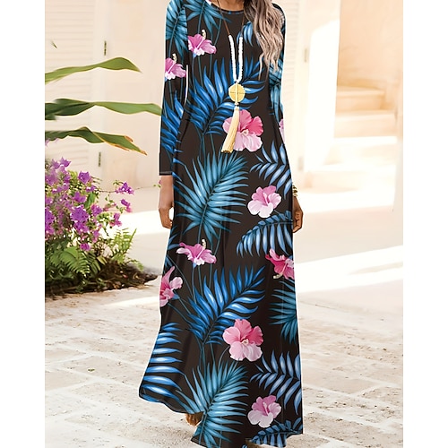 Per donna Abito Lungo Maxi Abito Vestito Casual Abito Floreale Abito Stampato Moderno All'aperto Vacanza Quotidiano Vestibilità regolare Floreale Manica Lunga Girocollo Nero Rosa Blu marino Blu scuro