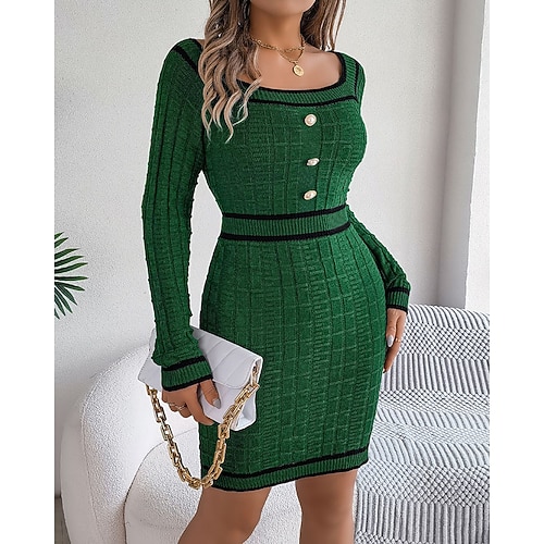 Per donna Mini Abito Abito in maglia Attillato Abito aderente Elegante Moda Moderno Feste Ufficio Uscire Vestibilità regolare Taglia piccola Blocco di colori Manica Lunga Collo quadrato Bianco Vino