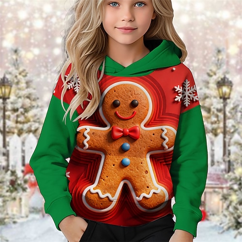 Weihnachten Mädchen 3D Grafik Schneeflocke Lebkuchenmänner Kapuzensweatshirt Langarm Herbst Winter Mode Niedlich Basic Kinder 4-12 Jahre Mit Kapuze Outdoor Lässig Täglich Normale Passform Image