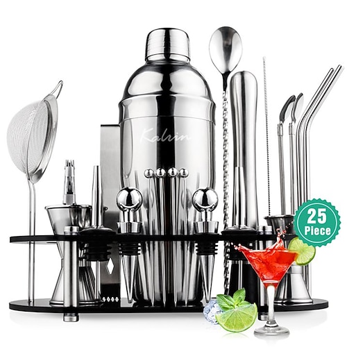 biemlerfn 25-teiliges Cocktail-Shaker-Set, Mixologie-Barkeeper-Set mit Acrylständer, Edelstahl-Barwerkzeugen, komplettem Barzubehör und Rezeptbuch Image