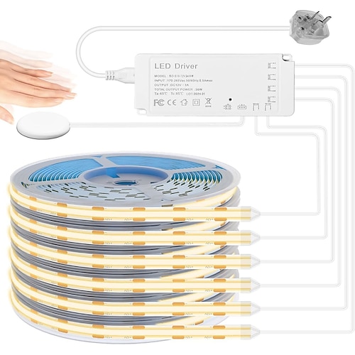 COB-LED-Streifen-Set, 12 V DC, 6-teilig, 1 m lang, selbstklebend, parallel montierbar mit dimmbarem Touch-Sensor-Schalter, LED-Lichtleiste für Holzlamellenwände, Wandverkleidungen, Unterbauleuchten Image