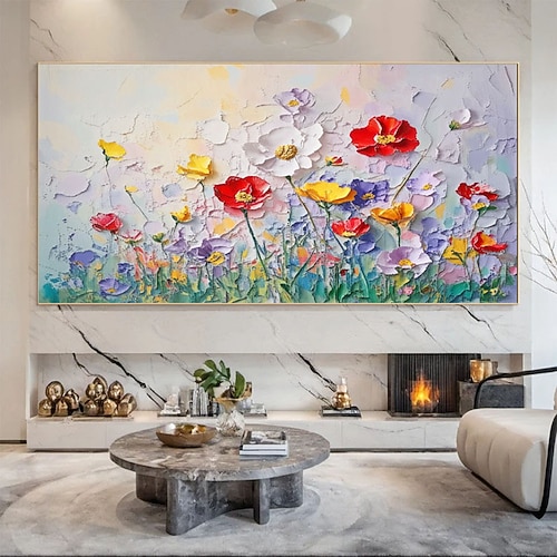 Handgemaltes, farbenfrohes Blumen-Ölgemälde auf Leinwand, originales, großformatiges Wandbild mit Pflanzenlandschaft, moderne Sofa-Hintergrundwanddekoration Image